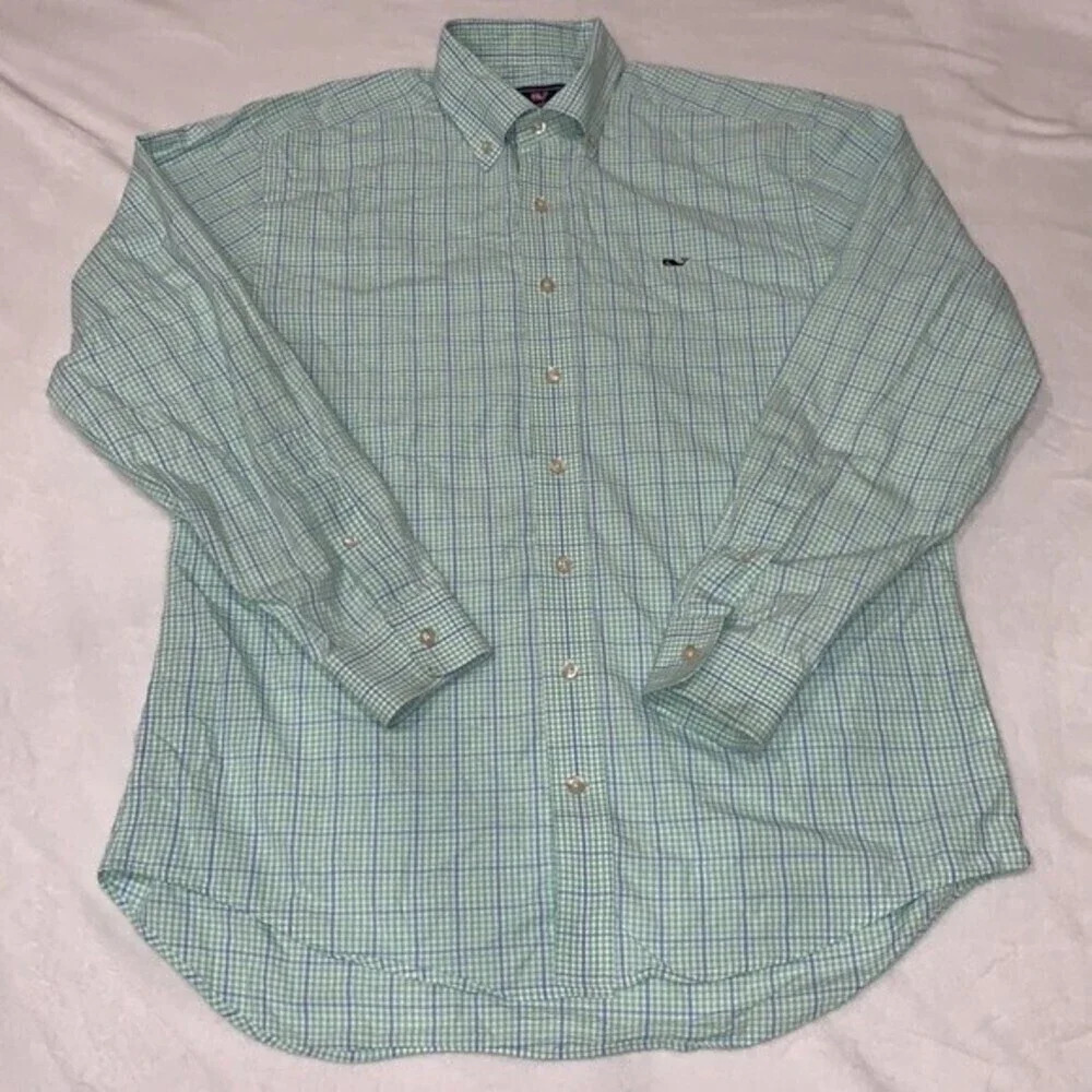 Vineyard Vines Whale Shirt Button Down Preppy Green Gingham with Blue Size Med